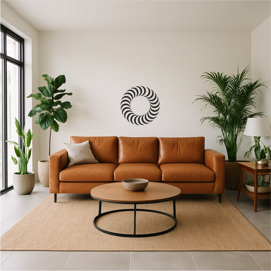 3D Circle of Motion optical illusion wall decal applied above a sofa – modern spiral design for stylish living rooms