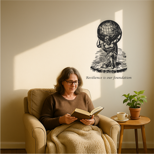 Man reading a book in a cozy chair under “Resilience is our foundation” Atlas wall decal – inspiring vinyl wall art symbolising strength and perseverance.