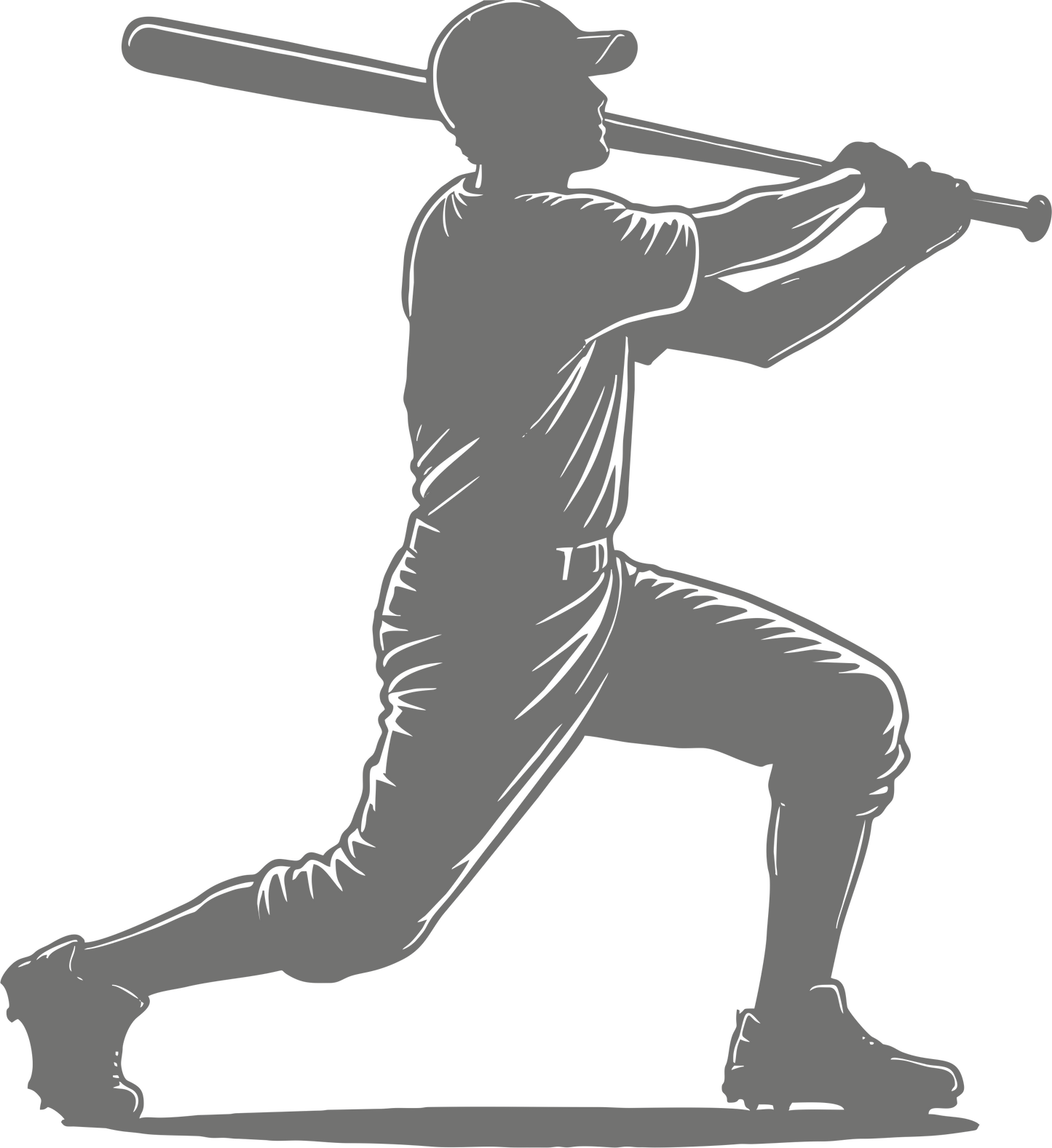 Baseball wall decal – Home run swing silhouette in grey, facing right – Vinyl sticker for sports-themed decor.