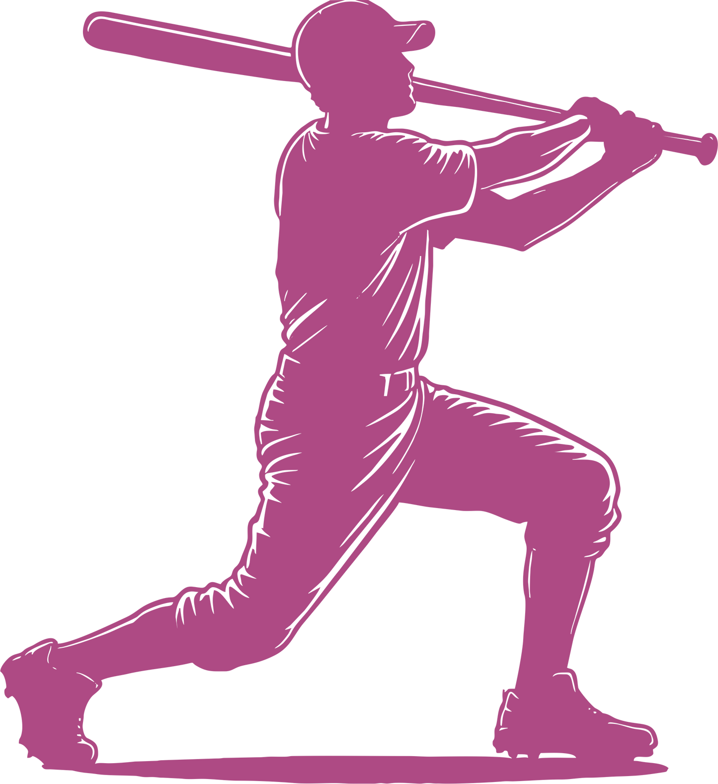 Baseball wall decal – Home run swing silhouette in purple, facing right – Vinyl sticker for sports-themed decor.