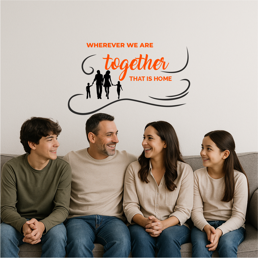 Family of four smiling on sofa under “Wherever we are together, that is home” wall decal – warm and emotional family wall art for living room décor.
