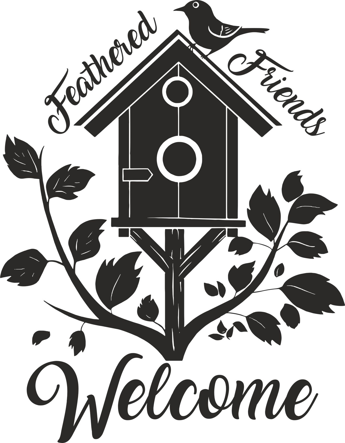 Black Feathered Friends Welcome wall sticker – classic entryway birdhouse design