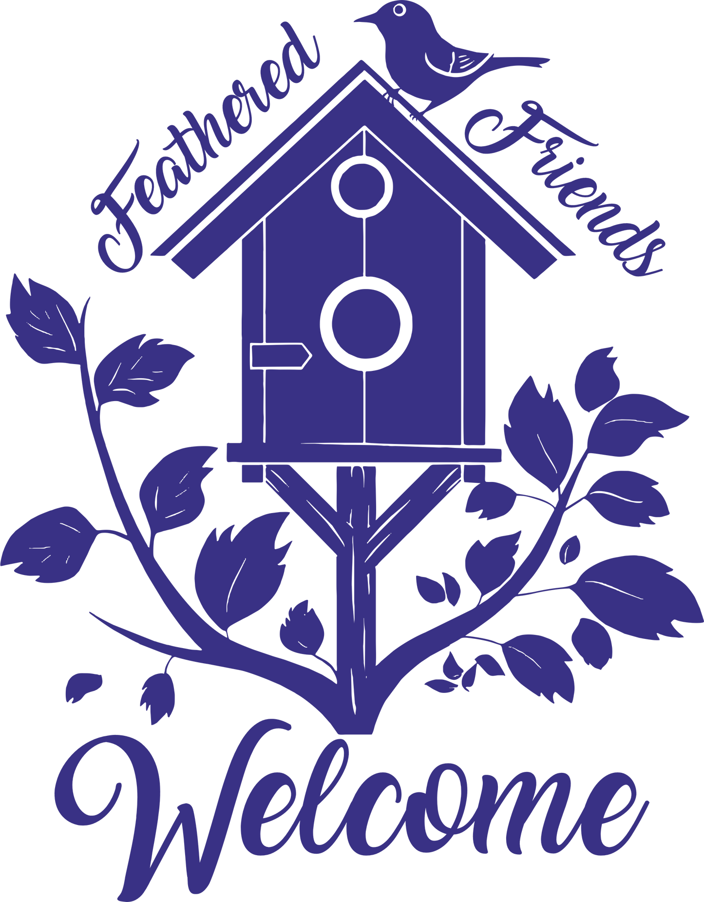 Navy Feathered Friends Welcome decal – birdhouse vinyl sticker for hallway