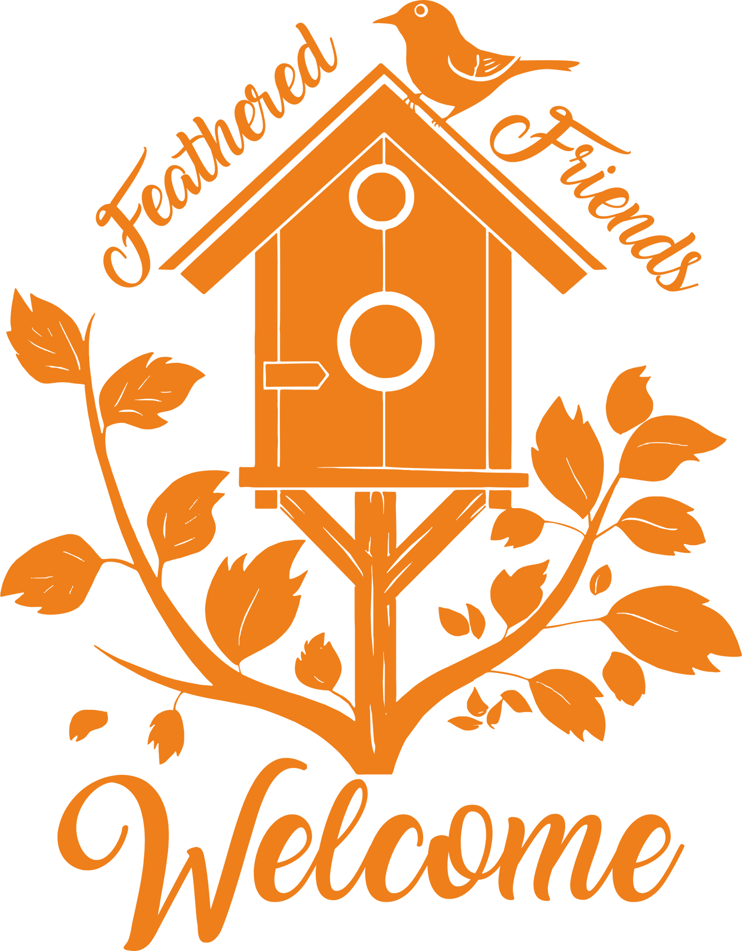 Orange Feathered Friends Welcome decal – cheerful birdhouse wall decoration
