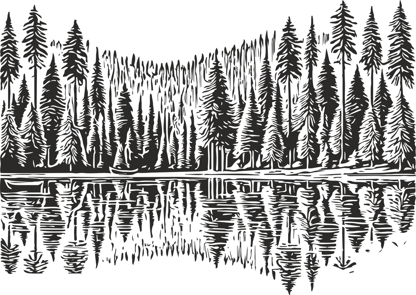Black forest wall decal reflected on calm lake - living room nature vinyl sticker