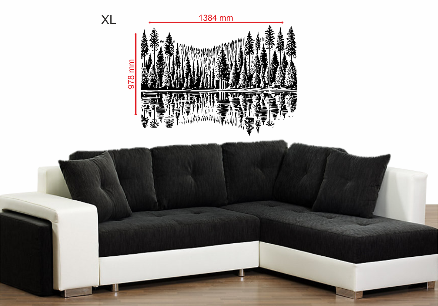 Real example of forest reflection wall decal in living room above black and white sofa size XL
