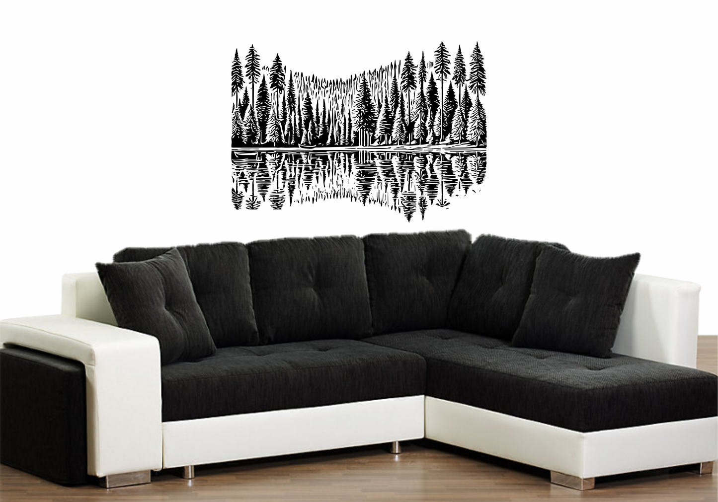 Real example of forest reflection wall decal in living room above black and white sofa