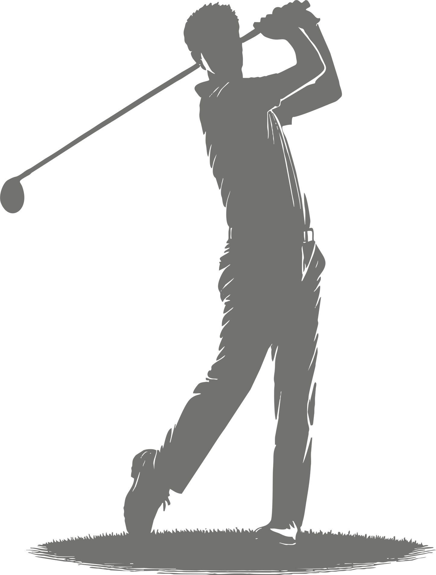 Golf wall decal – Swinging golfer silhouette in grey, facing right – Vinyl sticker for sports-themed decor.