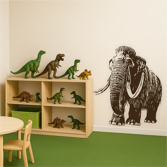 Woolly Mammoth wall decal next to dinosaur toy shelf in kids’ playroom – fun Ice Age-themed decor