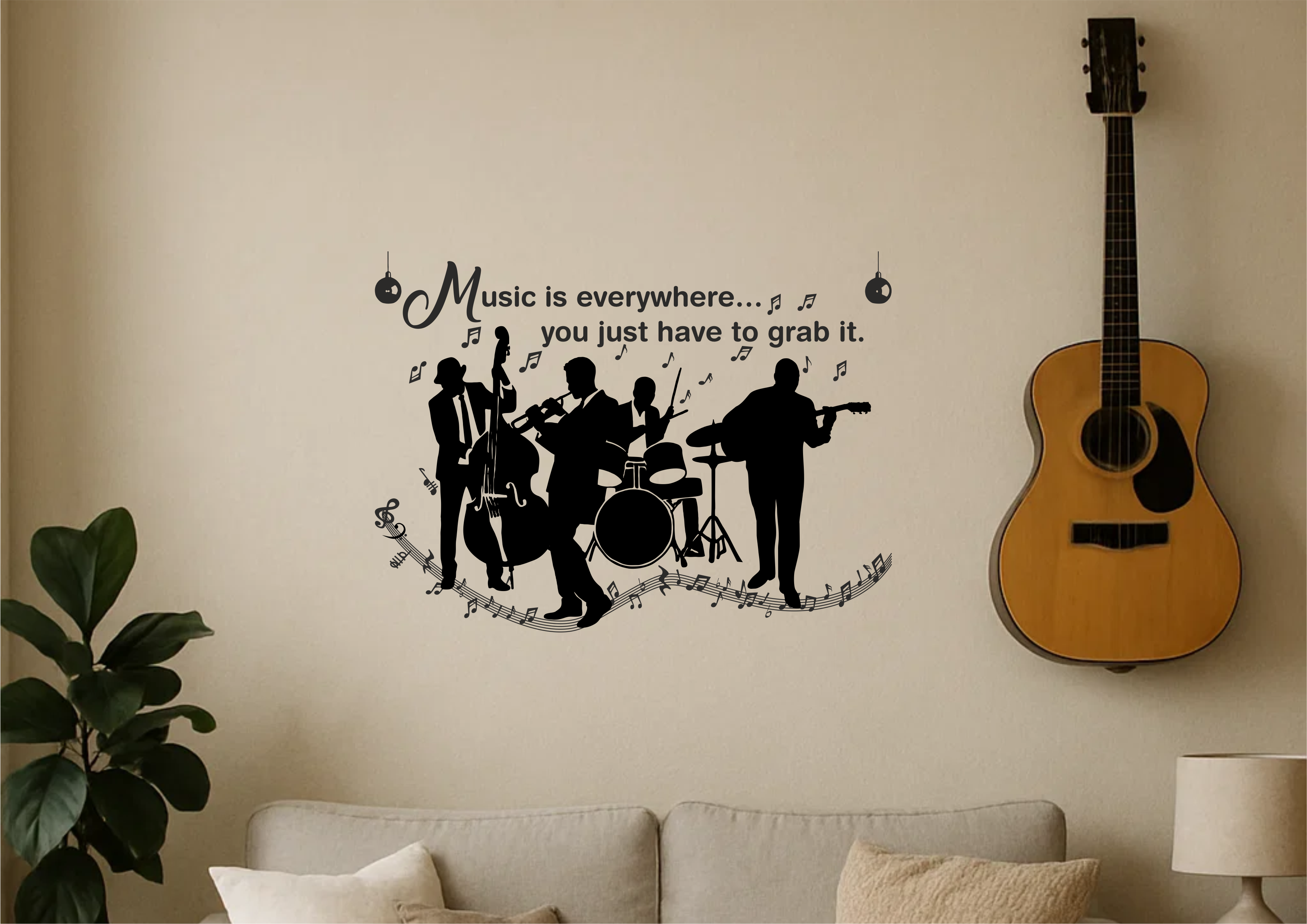 Music wall decal above sofa in living room with guitar on the wall