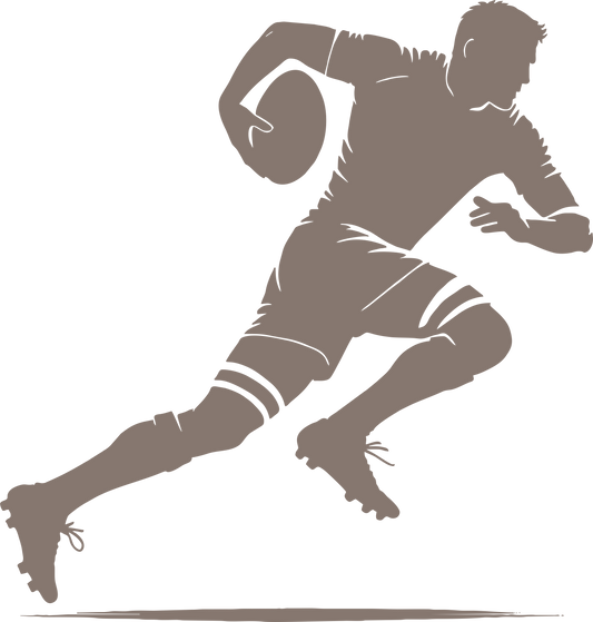 Rugby wall decal – Player running with ball silhouette in brown, facing right – Vinyl sticker for sports-themed decor.