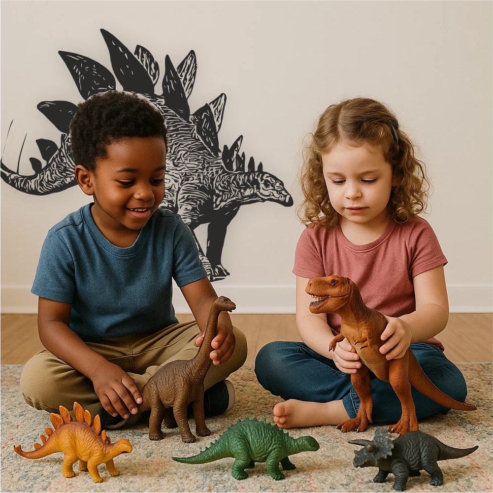 Kids playing with dinosaur toys near Stegosaurus wall decal – playful prehistoric room decor