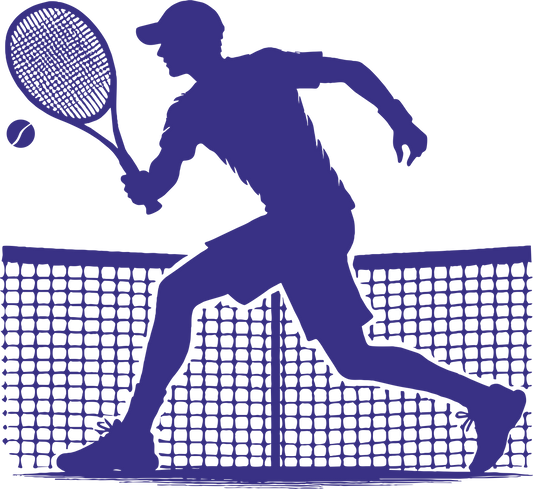 Tennis wall decal – Player backhand silhouette in navy, facing left – Vinyl sticker for sports-themed decor.