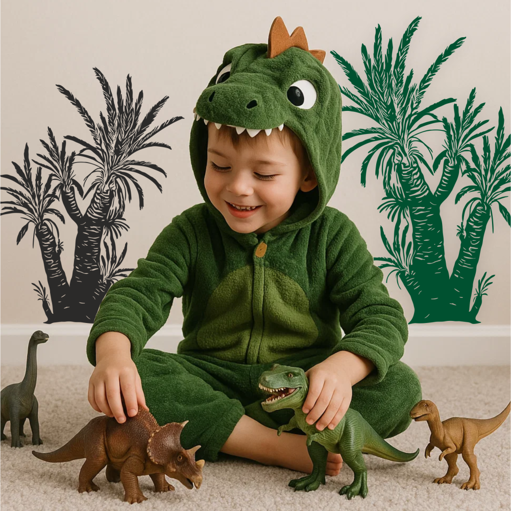 Toddler in dinosaur costume playing with toy dinos – Williamsonia wall decals in black and green add Jurassic jungle vibes to kids’ room