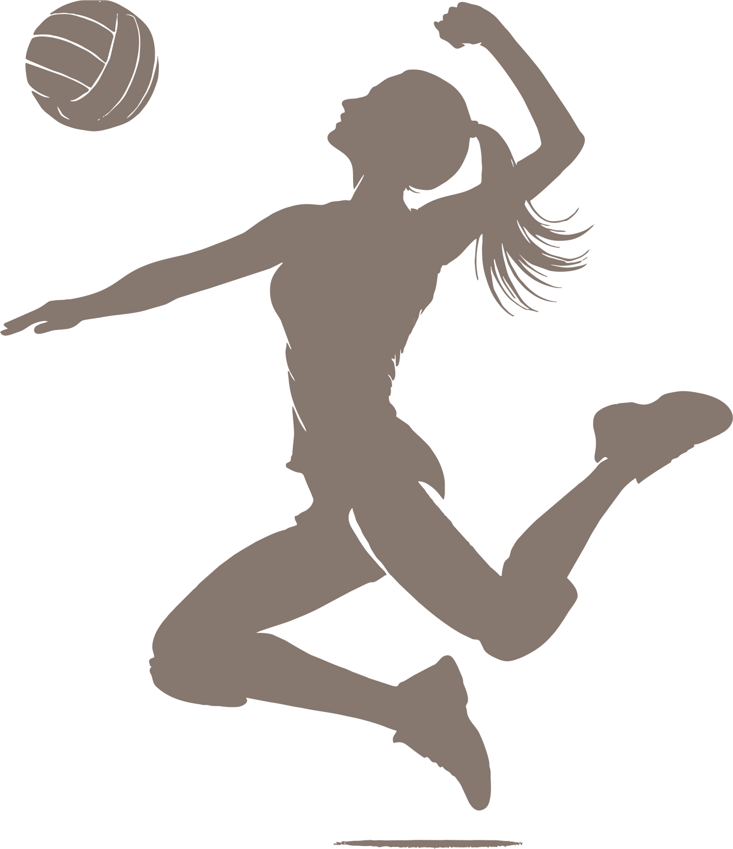 Volleyball wall decal – Player spiking silhouette in brown, facing left – Vinyl sticker for sports-themed decor.