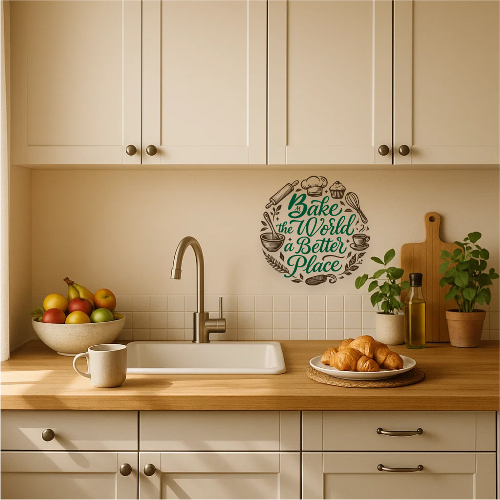 Bake the World a Better Place vinyl wall sticker – kitchen decor mockup above counter