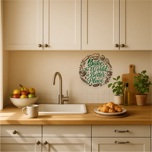 Bake the World a Better Place vinyl wall sticker – kitchen decor mockup above counter