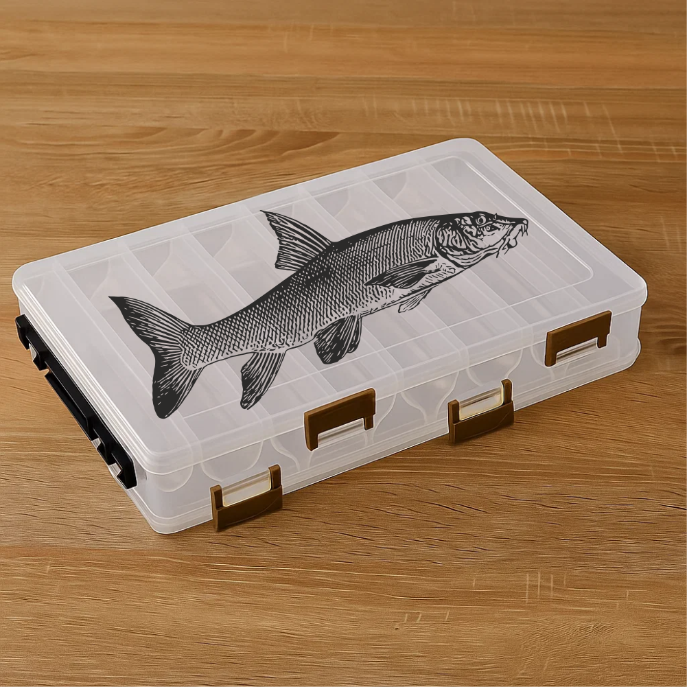 Barbel fish vinyl decal applied on transparent tackle box – fishing gear detail close-up.