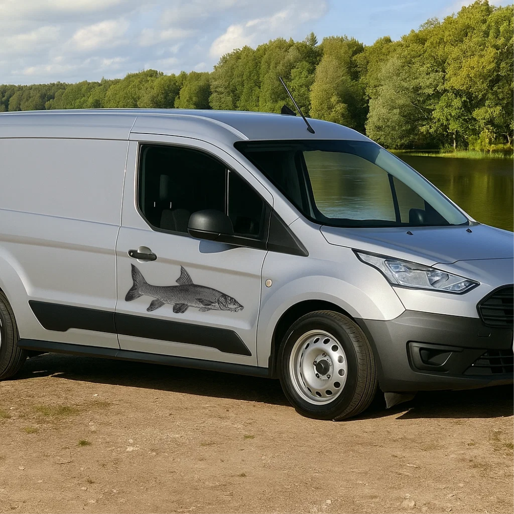 Barbel fish vinyl decal on silver van near lake – fishing vehicle sticker for anglers.
