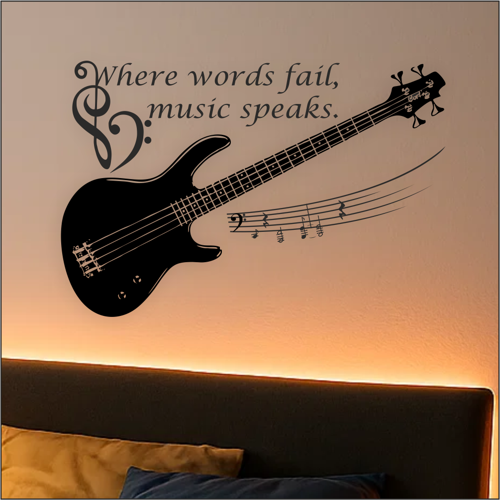Close-up of bass guitar vinyl wall decal with quote ‘Where words fail, music speaks’ – detailed view of music wall art design.