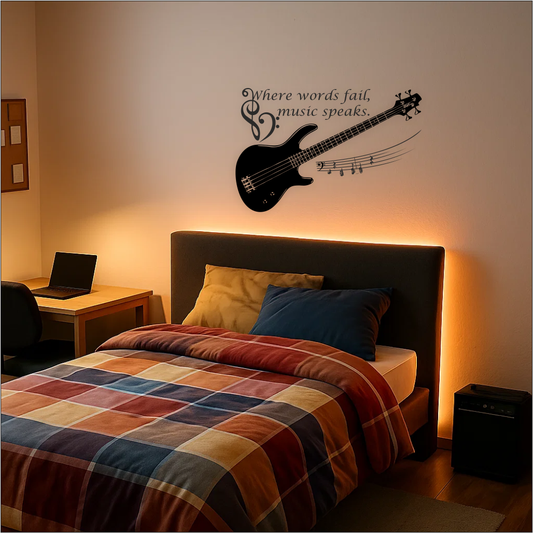 Bass guitar wall decal with ‘Where words fail, music speaks’ quote in a teenage bedroom with LED lights – modern music wall art above bed.