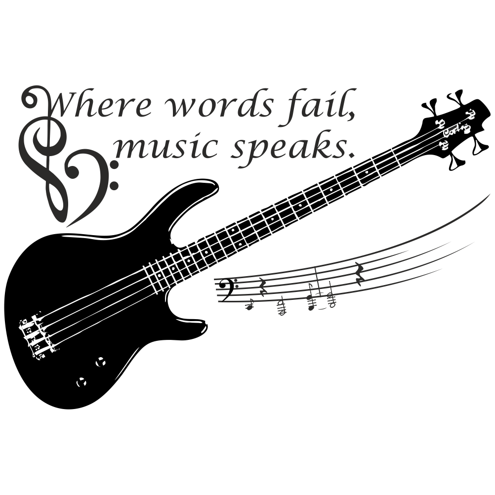 Black bass guitar wall decal with music quote on transparent background – vinyl wall sticker for bedrooms, studios, or music lovers.