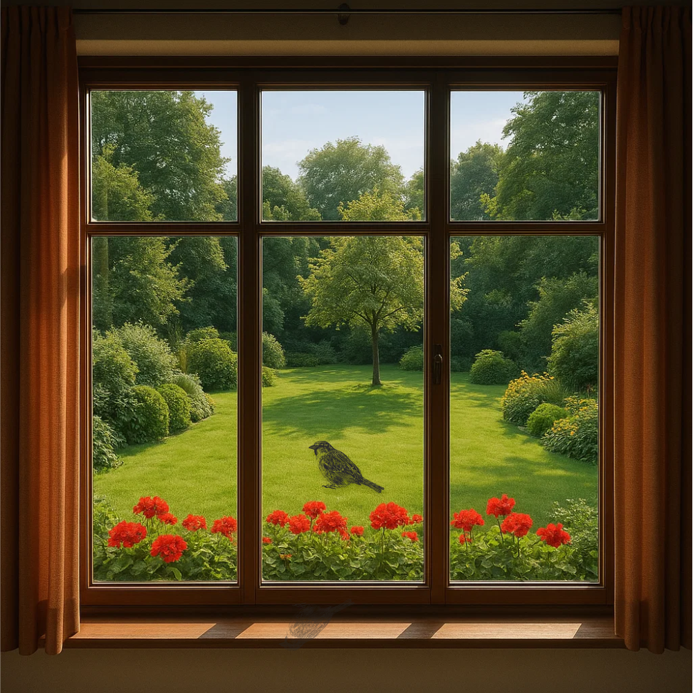 Black Sparrow Wall Decal – Real-Life Example with Window View and Geraniums – Art Decals