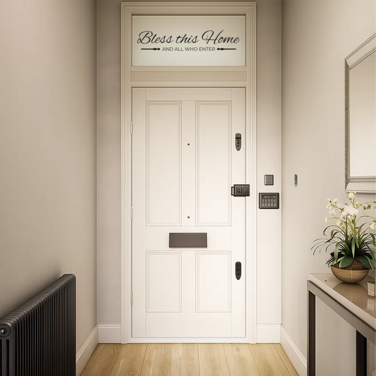 Bless This Home wall decal above white entrance door in modern hallway interior