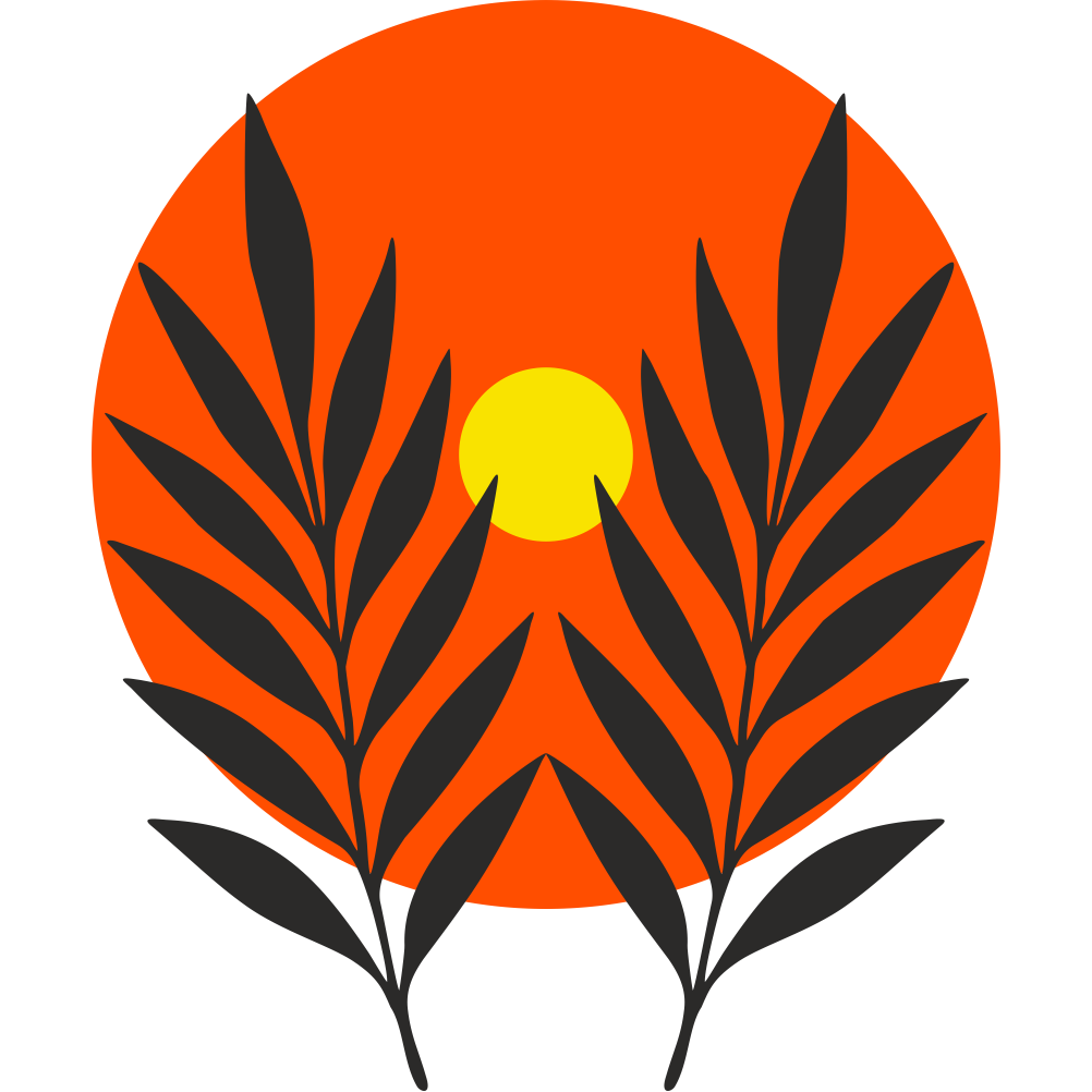 Boho sunset palm wall decal in black with orange circle and yellow sun – bold botanical boho wall art