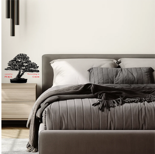 Bonsai tree wall decal with quote ‘Rooted in Peace, Blossoming in Calm’ in a modern bedroom with neutral colors – zen wall art