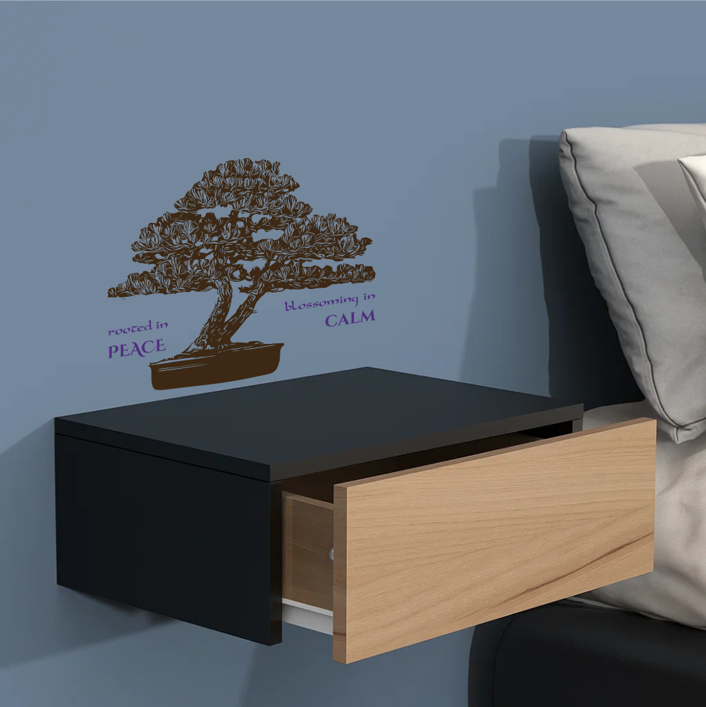 Close-up of bonsai tree wall decal with zen quote on blue wall – modern bedroom detail