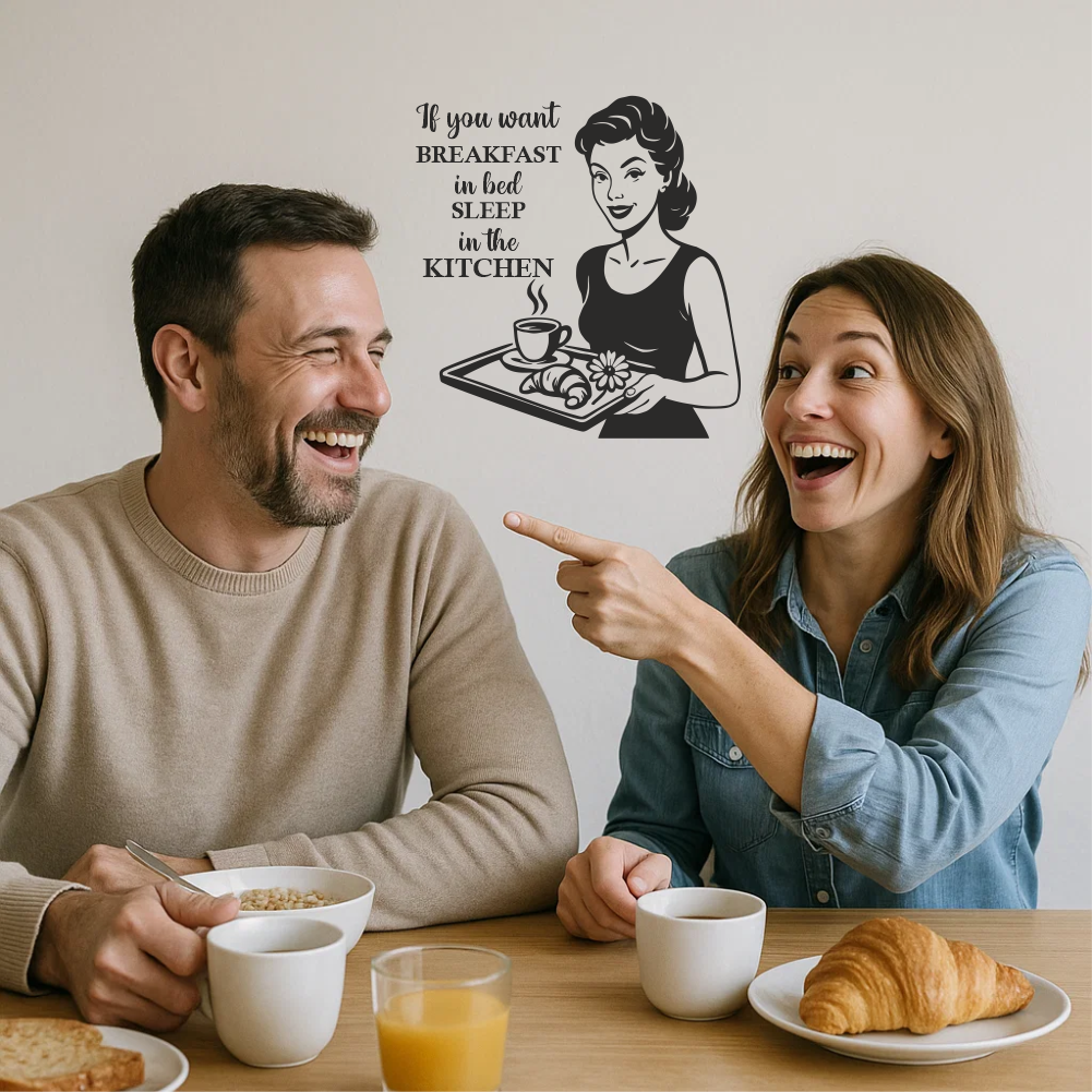 Retro kitchen wall sticker with woman and text “If you want breakfast in bed sleep in the kitchen” – lifestyle mockup