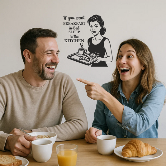 Retro kitchen wall sticker with woman and text “If you want breakfast in bed sleep in the kitchen” – lifestyle mockup