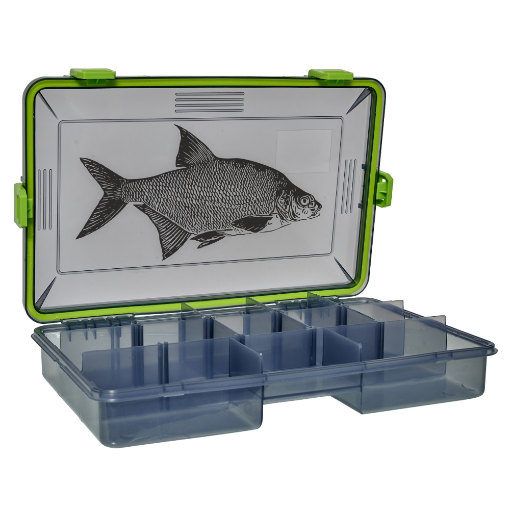 Bream fish vinyl decal applied on transparent fishing lure box – outdoor gear detail close-up.
