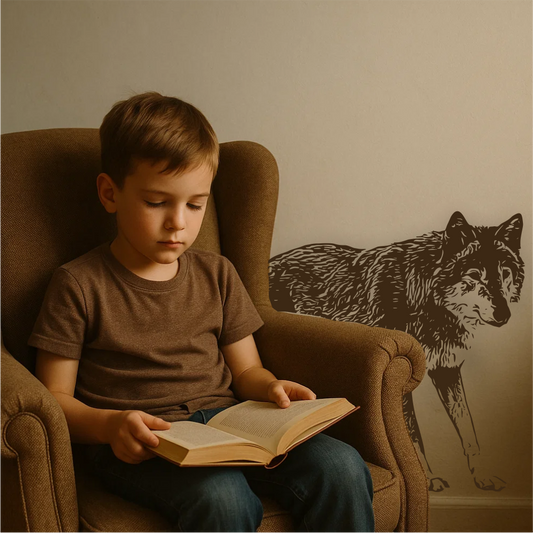 Brown Wolf Wall Decal – Real-Life Room Example with Child Reading in Cozy Chair – Wildlife Vinyl Wall Art by Art Decals