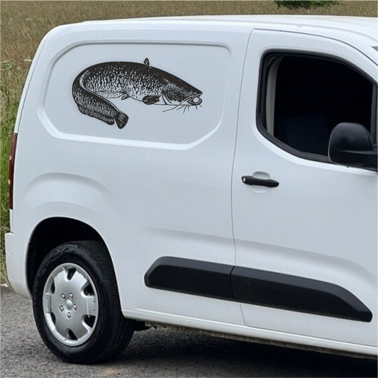 Catfish vinyl decal applied on white van – fishing vehicle sticker for anglers.