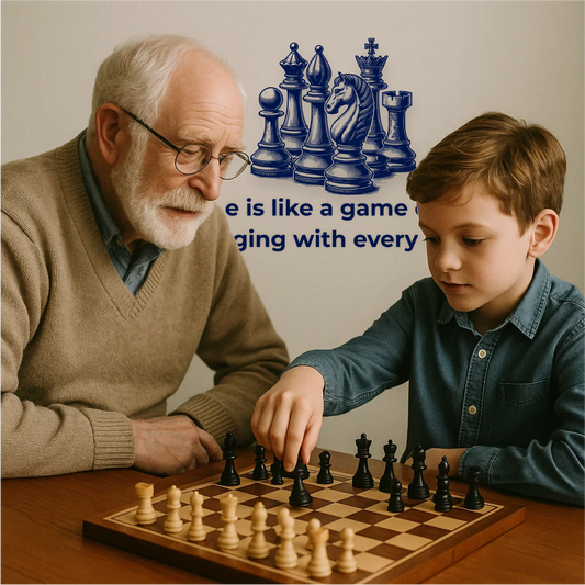 Grandfather teaching grandson to play chess under “Life is like a game of chess” wall decal – inspiring vinyl wall art about choices and strategy.