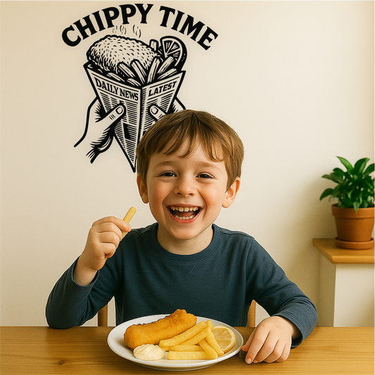 Chippy Time retro fish and chips wall sticker in a modern kitchen – lifestyle mockup with smiling boy at the table