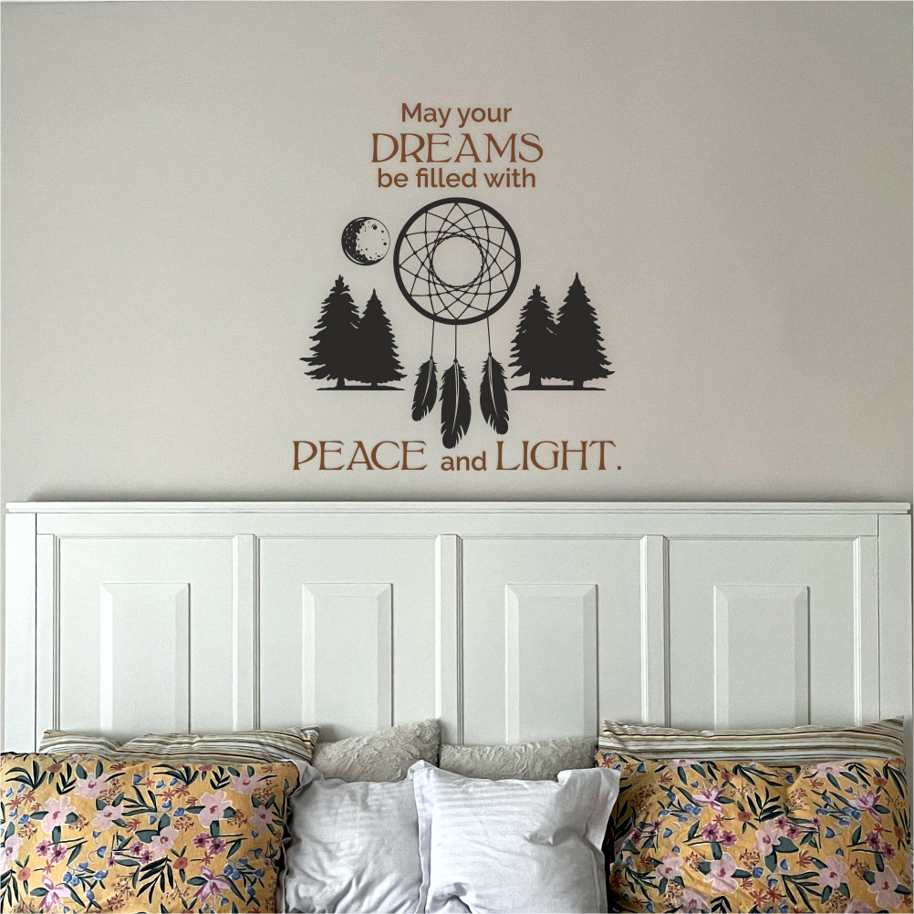 Dreamcatcher Serenity wall decal above bed in cozy boho bedroom – peaceful and elegant wall art quote