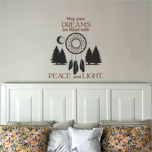 Dreamcatcher Serenity wall decal above bed in cozy boho bedroom – peaceful and elegant wall art quote