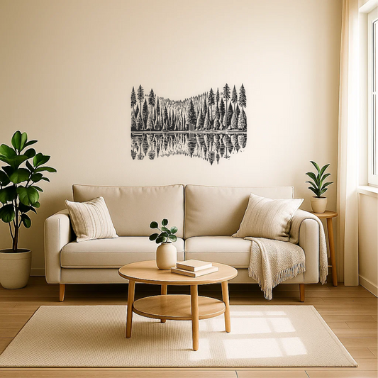 Scandinavian living room with beige sofa and forest reflections wall decal – nature-inspired vinyl wall art for modern home décor.