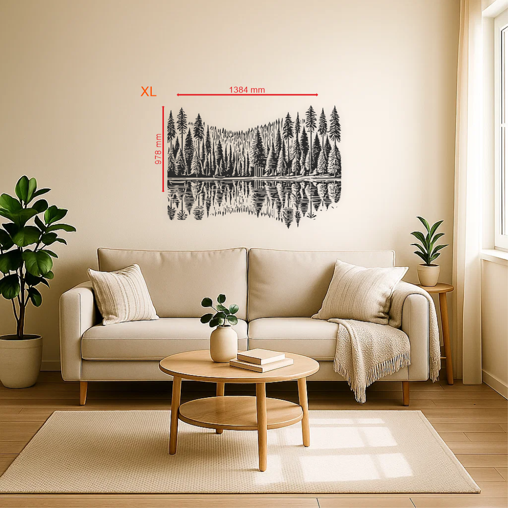 Forest reflections wall decal in XL size (1384 mm × 978 mm) above a sofa – size reference for nature vinyl sticker in living room décor.