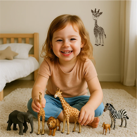 Smiling girl playing with animal toys near giraffe wall sticker – safari-themed kids’ room with vinyl giraffe decal