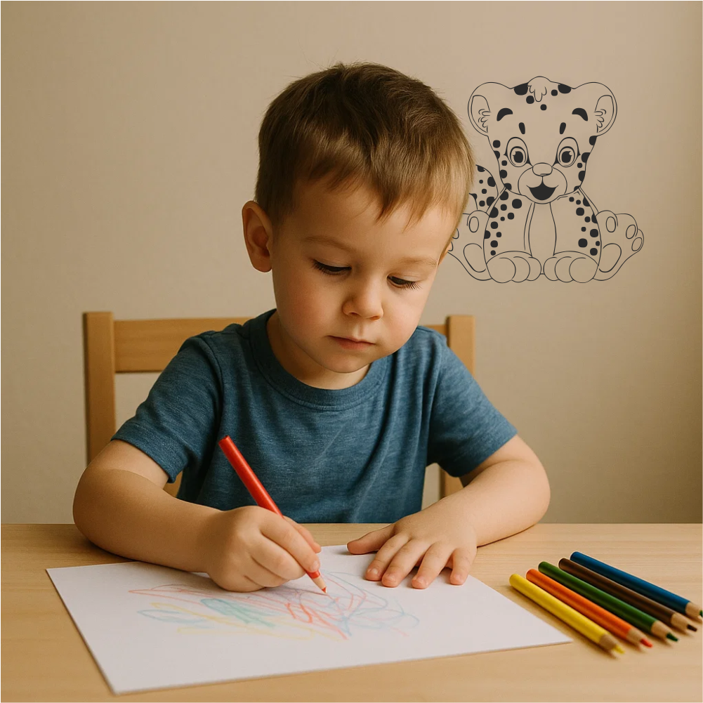 Boy drawing at desk under leopard wall sticker – playful kids’ decor with cute jungle decal above workspace
