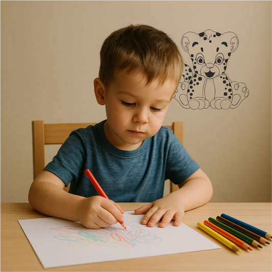 Boy drawing at desk under leopard wall sticker – playful kids’ decor with cute jungle decal above workspace