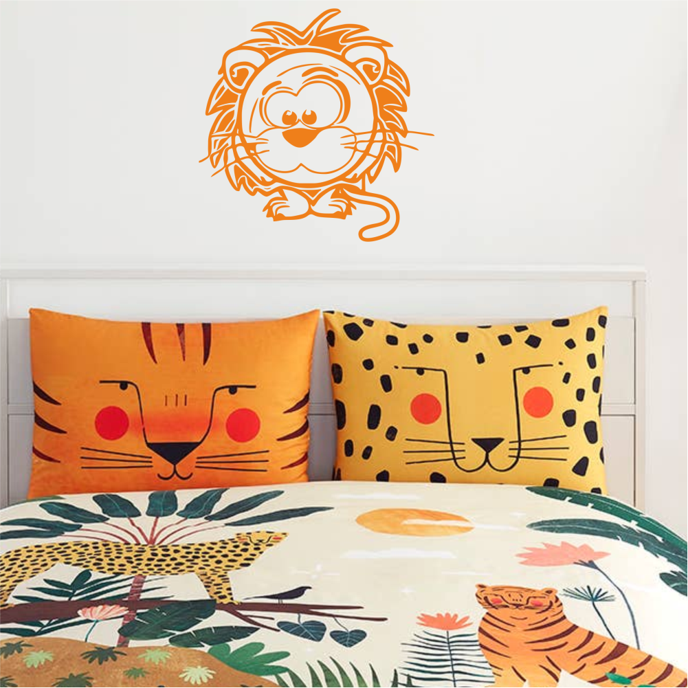 Lion wall sticker in jungle-themed kids’ bedroom – playful vinyl decal above animal print bedding