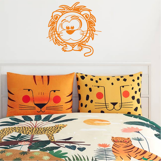 Lion wall sticker in jungle-themed kids’ bedroom – playful vinyl decal above animal print bedding