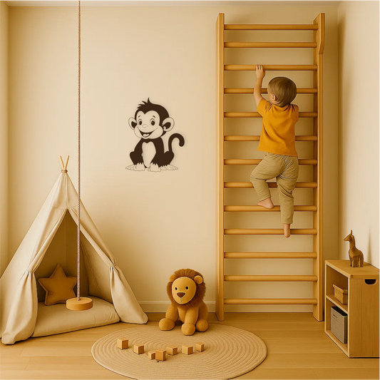 Cute monkey wall sticker in modern kids’ room – boy climbing gym next to vinyl decal of smiling cartoon monkey