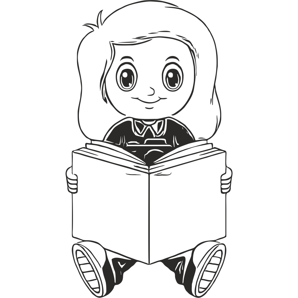 Girl reading book wall decal in black – adorable vinyl sticker for school library or kids’ reading nook