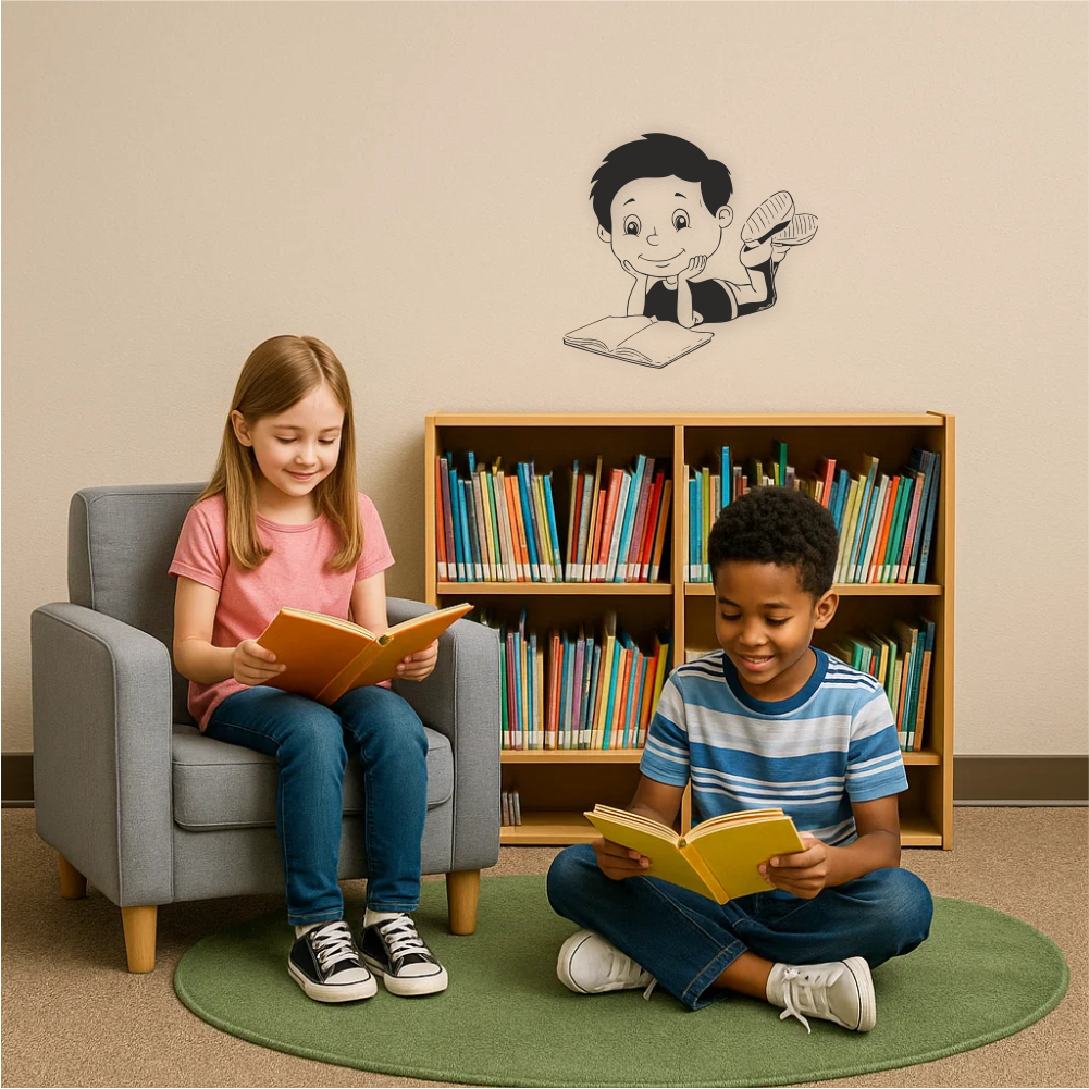 Wall sticker of boy reading above bookshelf – perfect for kids’ room, school library or story time area